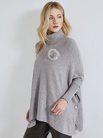 Turtleneck with detachable pom pon pin in grey