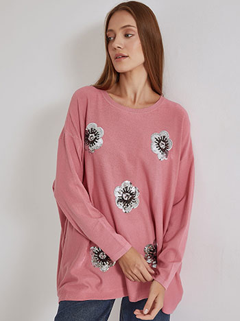 Sweater with sequined flowers in dusty pink