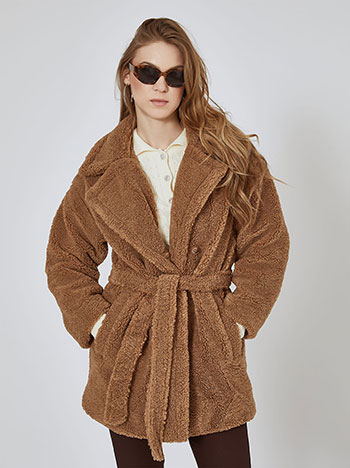 Coat boucle with belt in camel