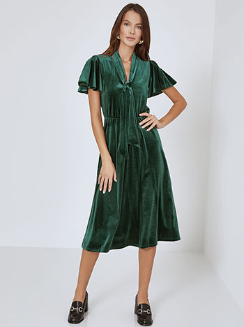 Dress velvet with ruffled sleeves in dark green