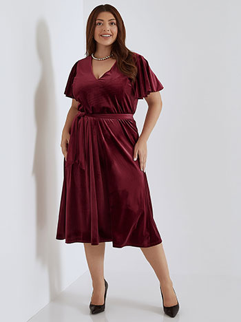 Dress velvet with ruffled sleeves in wine red