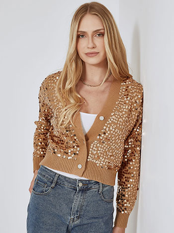 Cardigan knitted with sequins in camel