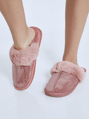 Slippers velvet with fur in dusty pink