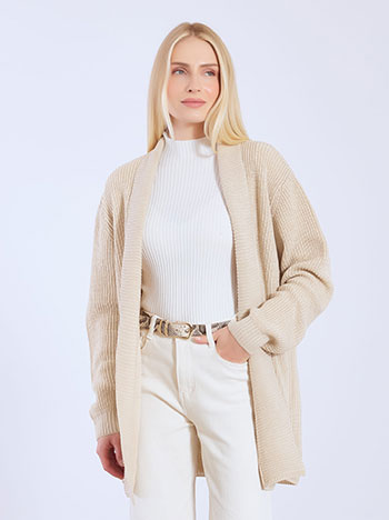 Cardigan long knitted rib in beige