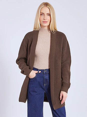 Cardigan long knitted rib in dark brown
