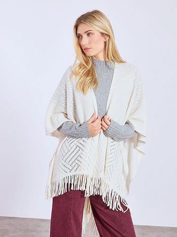 Cape knitted with fringed hemline in off white