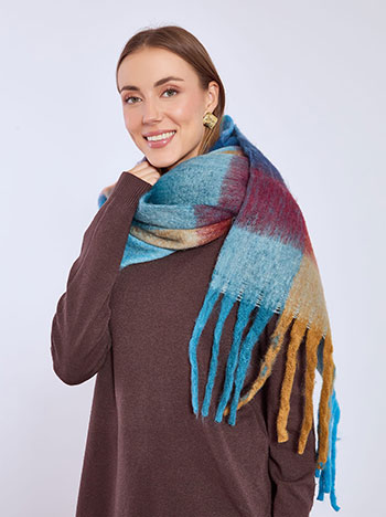 Scarf large checkered with fringes in blue