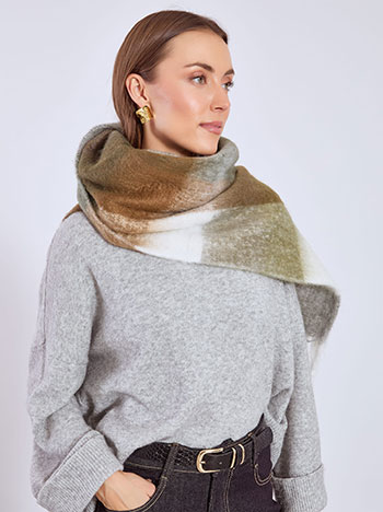 Scarf large checkered with fringes in brown