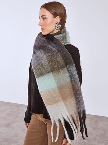 Scarf large checkered with fringes in grey