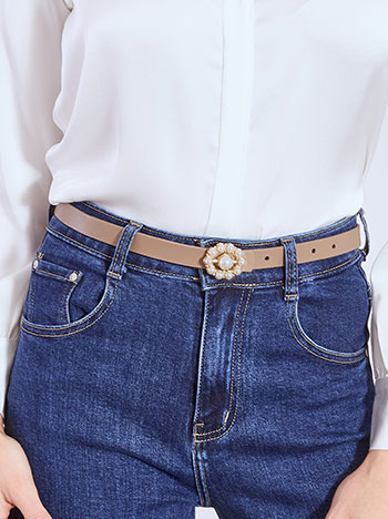 Belt leather effect with pearls in dark beige