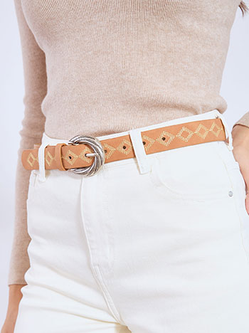 Belt leather effect with rhombus in tobacco