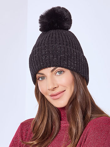 Beanie metallic with tassel in black