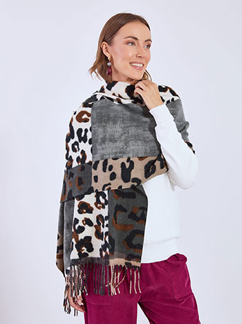 Scarf leopard with fringes in grey