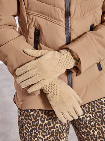 Gloves fleece with textured details in beige