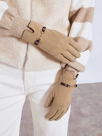 Gloves with metallic detail in dark beige