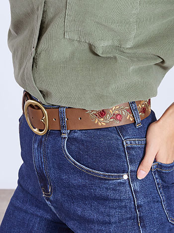 Belt leather effect with broderie details in brown
