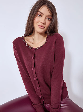 Cardigan knitted with strass in burgundy