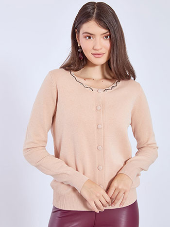 Ζακέτα πλεκτή με strass σε μπεζ