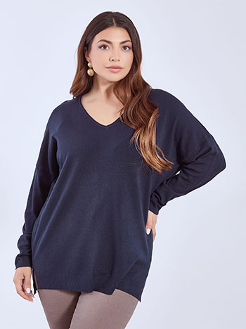 Πουλόβερ μακρύ με ανοίγματα στο πλάι σε σκούρο μπλε