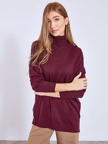 Turtleneck asymmetric with side slits in wine red