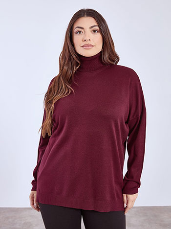 Turtleneck asymmetric with side slits in wine red