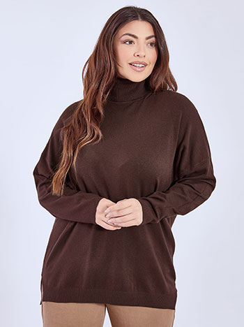 Turtleneck asymmetric with side slits in dark brown