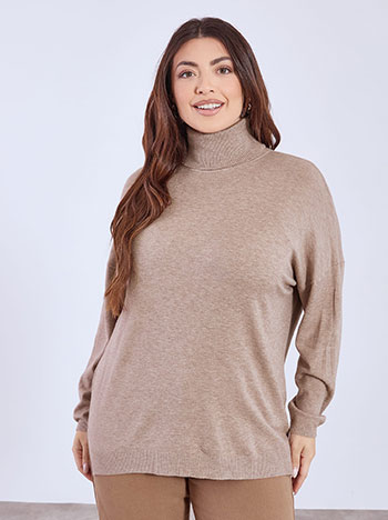 Turtleneck asymmetric with side slits in light brown