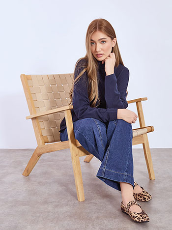 Turtleneck asymmetric with side slits in dark blue