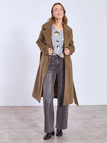 Coat long with detachable belt in brown