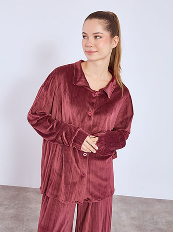 Shirt and wide leg trousers velvet pleated set in wine red