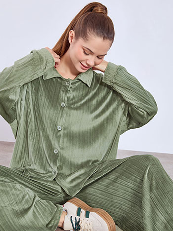 Shirt and wide leg trousers velvet pleated set in khaki