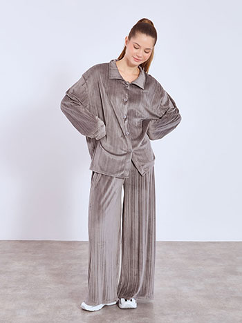 Shirt and wide leg trousers velvet pleated set in grey