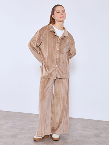 Shirt and wide leg trousers velvet pleated set in light brown