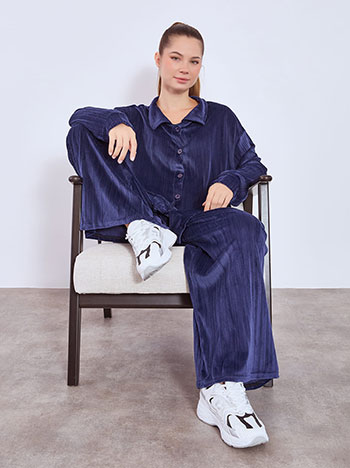Shirt and wide leg trousers velvet pleated set in dark blue