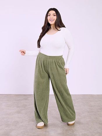 Trousers wide leg ribbed fluffy in khaki