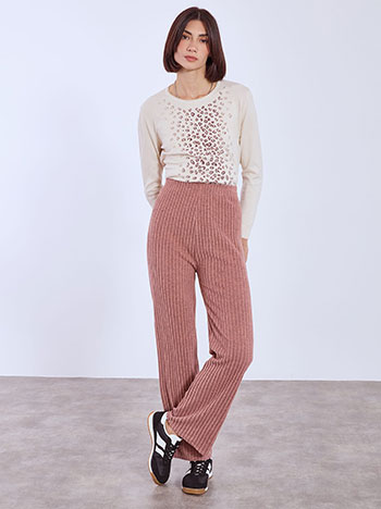 Wide leg trousers knitted ribbed in dusty pink