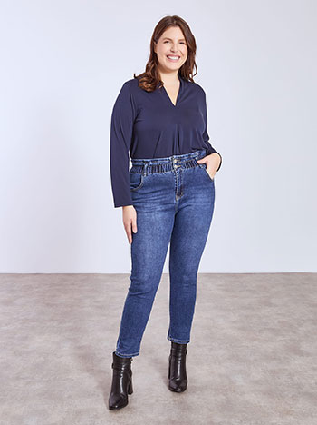 Jeans high waisted with elastic waistband in dark blue