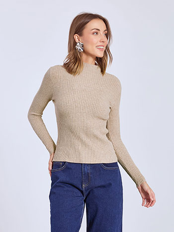 Μπλούζα ριπ με ψηλή λαιμόκοψη σε μπεζ σκούρο