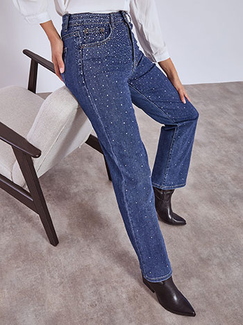 Τζιν wide leg ψηλόμεσο με strass σε μπλε