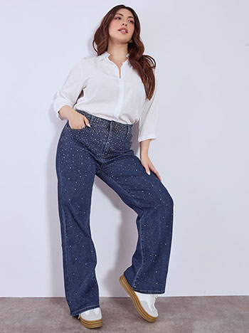 Τζιν wide leg με strass σε μπλε