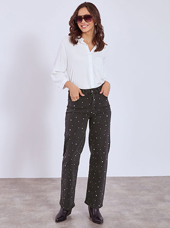Τζιν wide leg με διακοσμητικά strass σε μαύρο