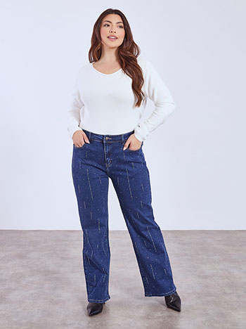 Τζιν wide leg με strass σε σκούρο μπλε