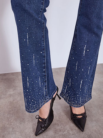 Flare jeans with strass on hemline in dark blue