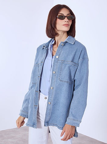 Μπουφάν denim μακρύ με τσέπες σε μπλε
