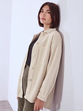 Denim jacket long cotton in beige