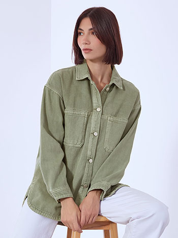 Denim jacket long cotton in khaki