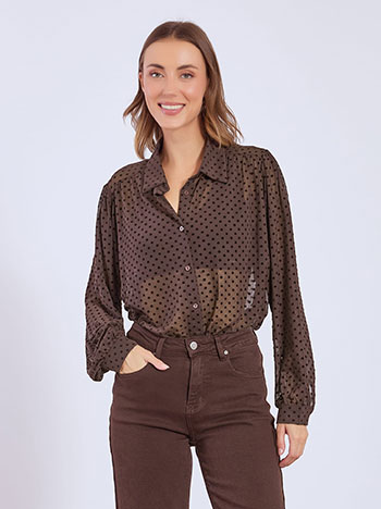 Shirt polka dot semi sheer in brown