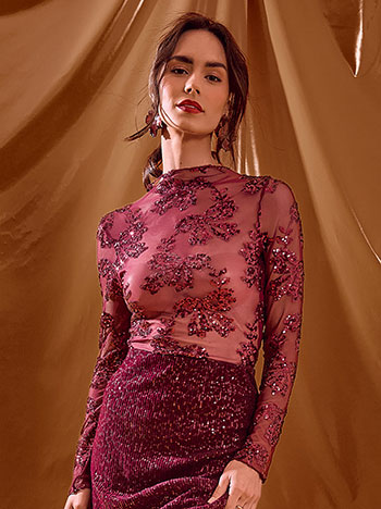 Μπλούζα με φιόγκους απο παγιέτες σε μπορντό