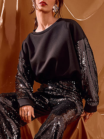 Top with sequined sleeves in black
