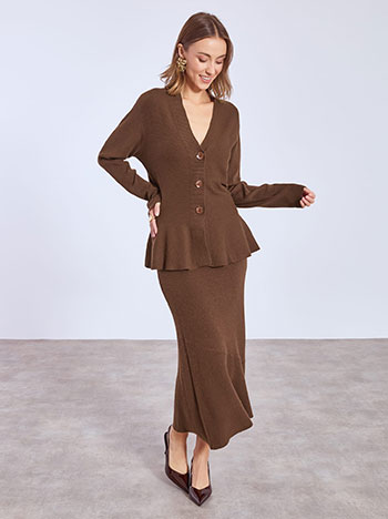 Knitted cardigan and skirt set in dark brown